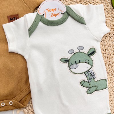 Conj. de Malha 3 peças - Girafinha - Off White, Verde e Caramelo